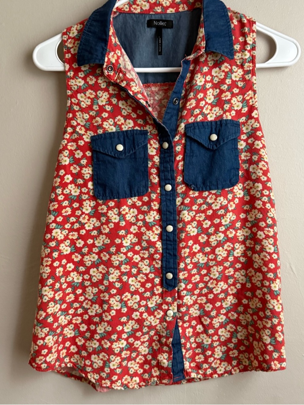 Nollie Floral Sleeveless Button Down Top Red Denim Contrast Small Boho Western
